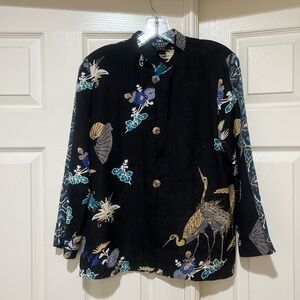 Citron black silk blouse crane fan oriental print artistic art to wear  small